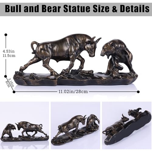 Wall Street Bull Statue, Bull Market and Bear Market Statue, Stock Market Sculpture, for Office, Desktop, Bookshelf, Living Room, Study, Home Decor, Financial Advisor Gift (Brown)