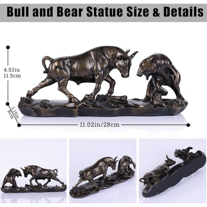 Wall Street Bull Statue, Bull Market and Bear Market Statue, Stock Market Sculpture, for Office, Desktop, Bookshelf, Living Room, Study, Home Decor, Financial Advisor Gift (Brown)
