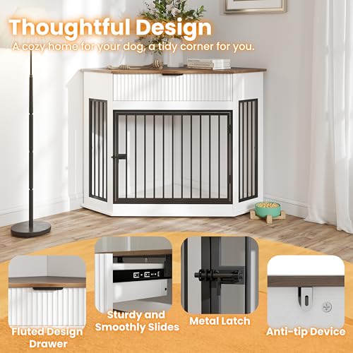 Corner Dog Crate Furniture with Fluted Storage Drawer, White, view 4