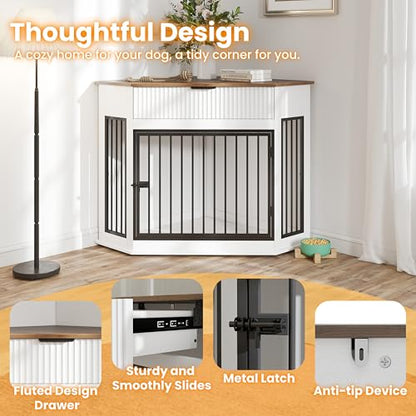Corner Dog Crate Furniture with Fluted Storage Drawer, White, view 4