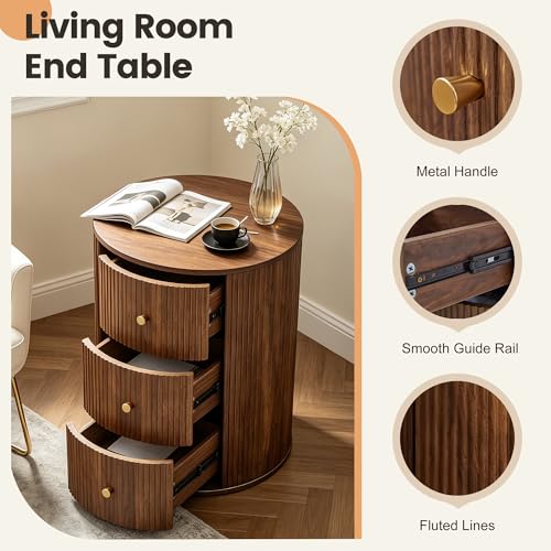 Fully Assembled Round End Table, Fluted Mid Century Side Table with 3 Storage Drawers for Living Room, Bedroom, Couch (Walnut-1 pc)