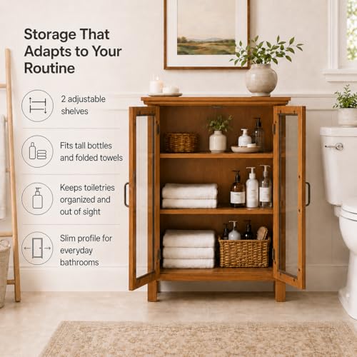 Avery Wooden Freestanding Floor Cabinet with 2 Adjustable Shelves 3 Storage Spaces 2 Glass Paneled Doors and 2 Antique Brass Knobs, Oiled Oak | Freestanding, 2 Adjustable Shelves, 3 Storage Spaces, 2 Glass Paneled Doors, 2 Antique Brass Knobs