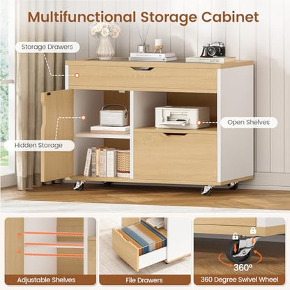 L Shaped Computer Desk with Mobile File Cabinet & Power Outlets, Executive Home Office Desk with Storage Drawers, Pegboard, Cable Management, Reversible L Desk for Work & Gaming, White + Oak