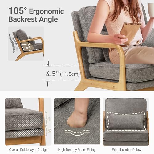 Mid Century Modern Accent Chair Set of 2 with Lumbar Pillow, Relaxing Armchair with Solid Wood Frame & Soft Cushion, Reading Leisure Chair for Living Room（Grey）