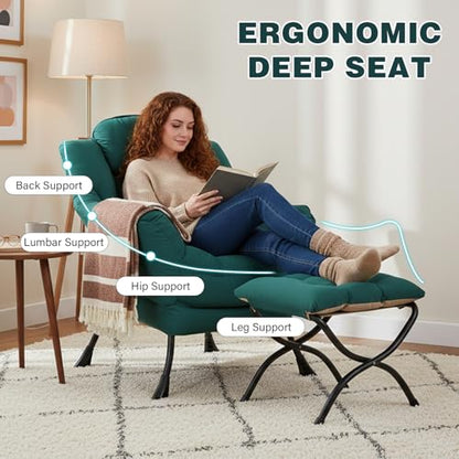 Lazy Chair with Ottoman, Modern Accent Chair Contemporary Sofa Chair with Armrests, Reading Chair and Folding Footstool Set for Living Room, Bedroom, Office