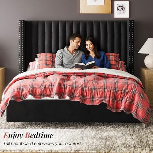 Queen Size Bed Frame Velvet Upholstered Wingback Headboard, Black, view 5