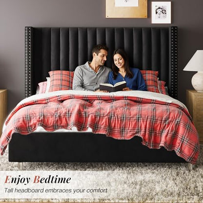 Queen Size Bed Frame Velvet Upholstered Wingback Headboard, Black, view 5