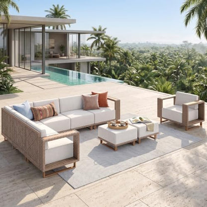 Patio Sectional Furniture Set with 10" Thick Cushions, Outdoor Modular Couch Sofa Set, 9 Seats Yellow Rattan Conversation Sets for Deck Yard Lawn