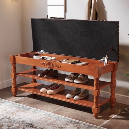 Tribesigns Solid Wood Shoe Bench with Cushion 2 Tier Lift Top, Storge Shoe Bench with Rack for Entryway, 8-10 Pair Shoe Organizer with Hidden Compartment for Hallway, Bedroom, Living Room