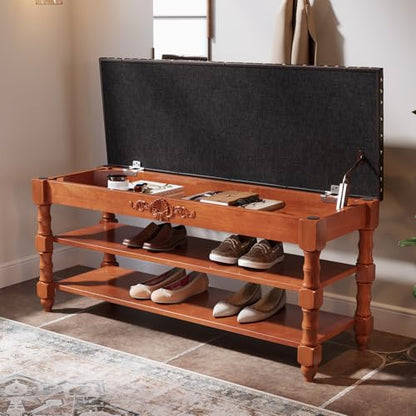 Tribesigns Solid Wood Shoe Bench with Cushion 2 Tier Lift Top, Storge Shoe Bench with Rack for Entryway, 8-10 Pair Shoe Organizer with Hidden Compartment for Hallway, Bedroom, Living Room