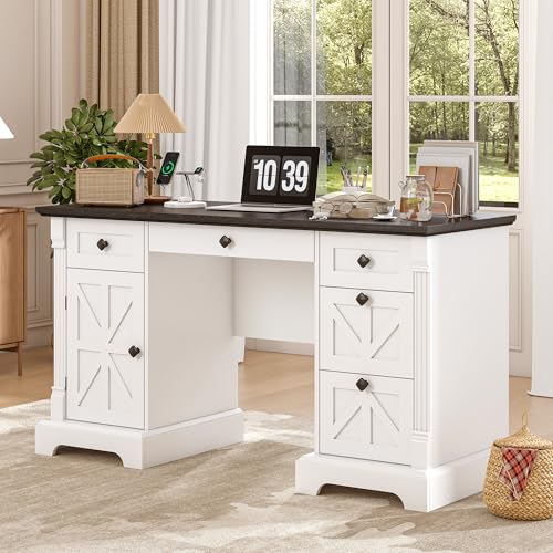 55'' Farmhouse Executive Desk with Drawers, White, view 2