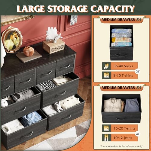 Wide Dresser for Bedroom, 8 Drawer Chest of Drawers, Black Wood Grain, view 7
