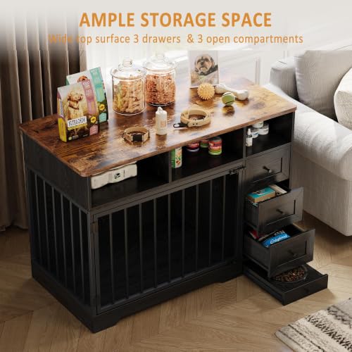 48'' Dog Crate Furniture with Bowl, Medium Dog Cage, Black, view 4