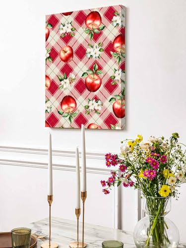 NuYeBiofx Farmhouse Red Apples White Floral Canvas Wall Art Prints,48"x32" Framed Picture Artwork Diamond Buffalo Plaid Printed Canvas Oil Painting for Living Room Bedroom Office,Ready to Hang