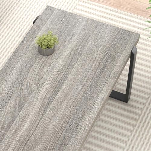 Modern Coffee Table, Rustic Wood and Metal Center Table, Retro Small Cocktail Tea Table for Living Room, Light Grey, 44 Inch