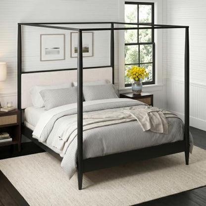 King Size Solid Wood Canopy Bed Frame with Upholstered Headboard, view 4