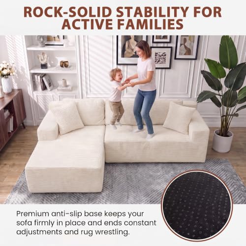 110" Boneless Sectional Couch, Modular Sectional Sofa L-Shape Couch with Deep Seat, Cloud Comfy Boneless Couch for Living Room, No Assembly Required (Corduroy, Beige)
