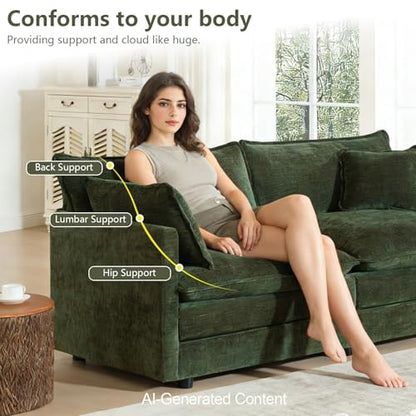 76.7" Green L Shaped Cloud Couch, Modern Chenille Modular 2 Seater Loveseat Sofa with Movable Ottoman, Deep Seat Sectional Couch with Pillows for Small Place, Living Room Apartment Office