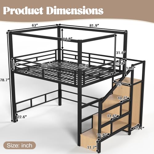 Metal Loft Bed Queen with Storage Stairs and Wardrobe, Black, view 3