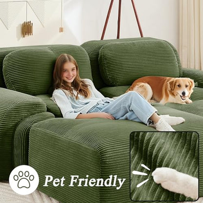 Modular Sectional Sofa Boneless Couch, Cloud Sectional Couches for Living Room, Oversized L Shaped Couch with Deep Seat and Ottoman, Comfy Corduroy Upholstery Green Couches, No Assembly(3S+1O)
