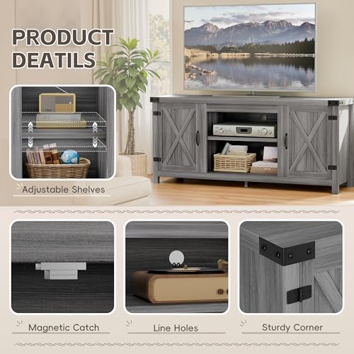 Modern Farmhouse TV Stand with Two Barn Doors and Storage Cabinets for Televisions up to 65+ Inch,Entertainment Center Console Table,Media Furniture for Living Room,Light Grey