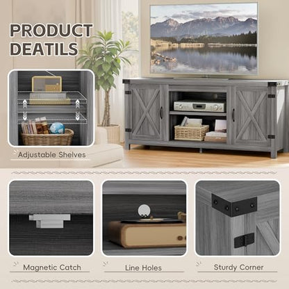 Modern Farmhouse TV Stand with Two Barn Doors and Storage Cabinets for Televisions up to 65+ Inch,Entertainment Center Console Table,Media Furniture for Living Room,Light Grey