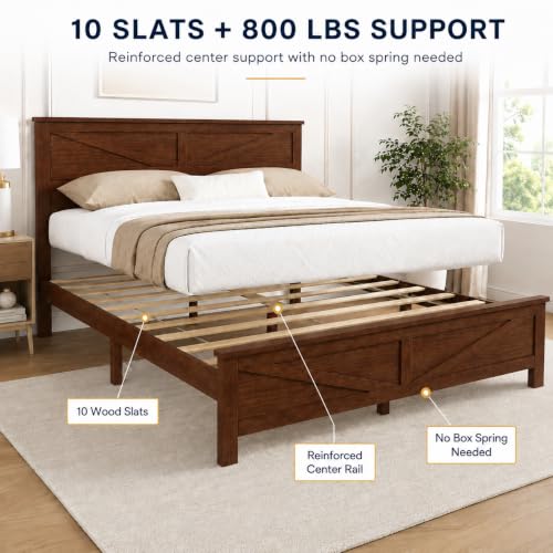 Queen Size Farmhouse Platform Bed Frame with Barn Door Headboard and Footboard, view 7