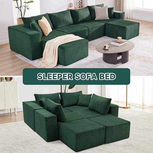 Cloud Couch Sectional, Modular Sofa with Deep Seat, Plush Corduroy U Shaped Boneless Couch, Convertible Sectional Couches for Living Room (Green, 4 Seater & 2 Ottomans)