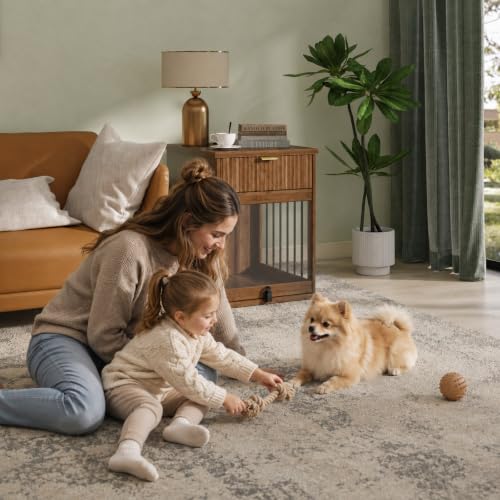 27.6" W Dog Crate Furniture, Wooden Indoor Dog Kennel with Charging Station, view 3