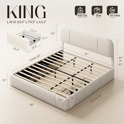 King Size Cloud Bed Frame with LED & 4 Drawers, Beige, view 3