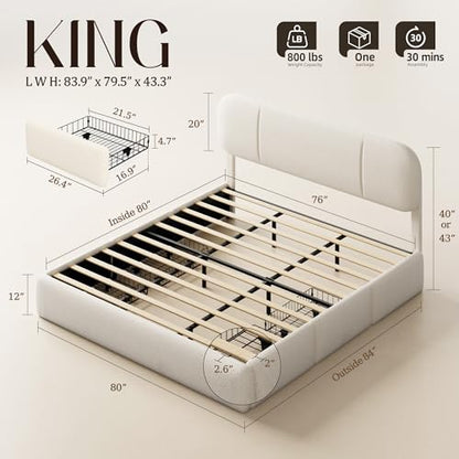King Size Cloud Bed Frame with LED & 4 Drawers, Beige, view 3