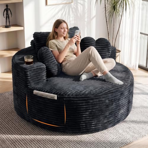 56''Oversized Round Chair Lounge Chaise Indoor with Cup Holders & Side Pocket, view 2