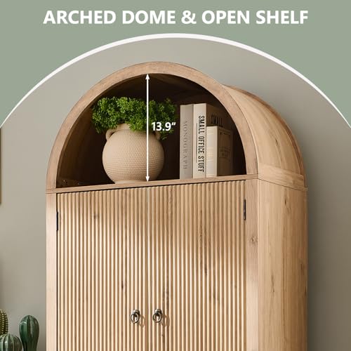 71" Tall Arched Bathroom Storage Cabinet, Modern Fluted Storage Cabinet w/Doors, 3 Adjustable Shelves, 6 Door Shelves, Wood Freestanding Cabinet for Bathroom, Entryway, Hallway, Natural