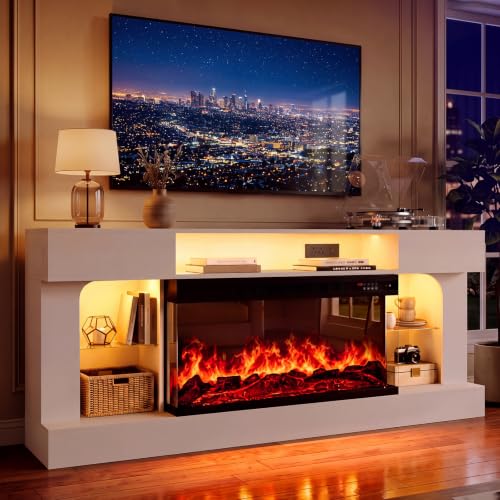 70" Modern Fireplace TV Stand,3-Sided Glass Electric Fireplace,White&Black, view 2