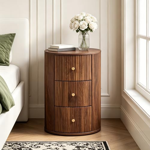 Fully Assembled Round End Table, Fluted Mid Century Side Table with 3 Storage Drawers for Living Room, Bedroom, Couch (Walnut-1 pc)