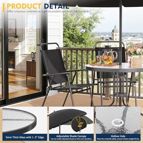 6 Piece Patio Dining Set with Umbrella, Outdoor Furniture Set with 4 Folding Chairs and Tempered Glass Top Dining Table fot Lawn Backyard Garden Porch Black