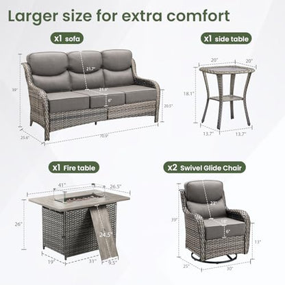 Luxury Patio Furniture Set with 6-inch Thick Cushion, Outdoor Furniture with Fire Pit Table, Swivel Chairs, Side Table, Sofa, 5pcs Wicker Conversation Set for Deck Yard(Grey Wicker/Grey Cushion)