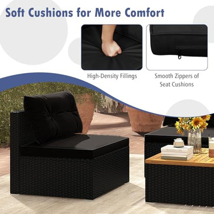 5 Pieces Wicker Patio Furniture Set, Outdoor 4 Armless Rattan Sofa & Coffee Table Set, with Cushions, Acacia Wood Tabletop, Sectional Patio Conversation Set for Lawn, Yard, Poolside, Black