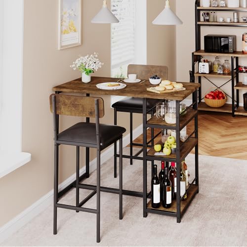 Dining Table Set for 2 with 3 Storage Shelves, 3-Piece Counter Height Kitchen Table Set with 2 Upholstered Bar Stools, Bar Table and Chairs Set for Small Space, Brown