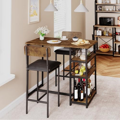 Dining Table Set for 2 with 3 Storage Shelves, 3-Piece Counter Height Kitchen Table Set with 2 Upholstered Bar Stools, Bar Table and Chairs Set for Small Space, Brown
