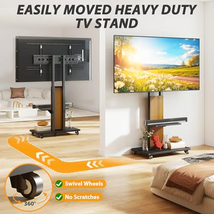 Heavy Duty Rolling TV Stand for 55-100 inch Large Screens | Supports up to 172 lbs (150 lbs TV + 22 lbs Shelf), Mobile TV Cart with Wooden Base and Lockable Wheels, Black and Walnut