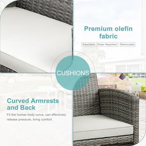 Patio Furniture Set 4 Piece Outdoor Furniture Set, PE Rattan Wicker Patio Conversation Set with Cushions & Glass Coffee Table, Backyard Patio Seating for Balcony Porch Garden Poolside, White