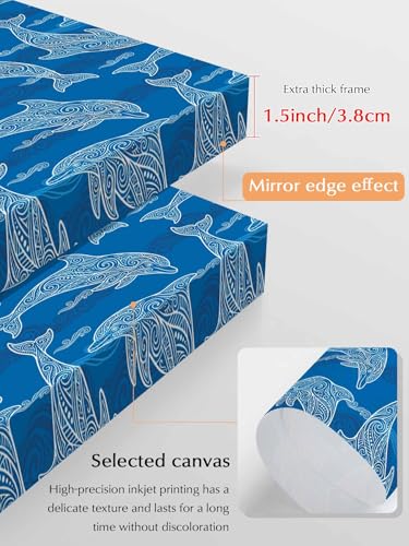 NuYeBiofx Summer Ocean Blue Dolphin Canvas Wall Art Prints,48"x32" Framed Picture Artwork Abstract Waves Texture Printed Canvas Oil Painting for Living Room Bedroom Office,Ready to Hang