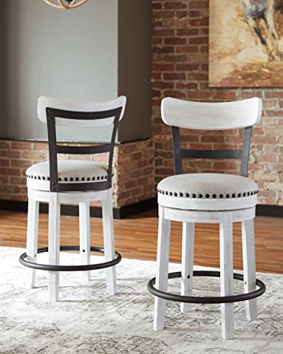 Signature Design by Ashley Valebeck Barstool, Rustic-Industrial Counter Height Chair, 360° Swivel, Wood & Metal Frame, Cushioned Seat, Ideal for Kitchen Island with Seating, Vintage White