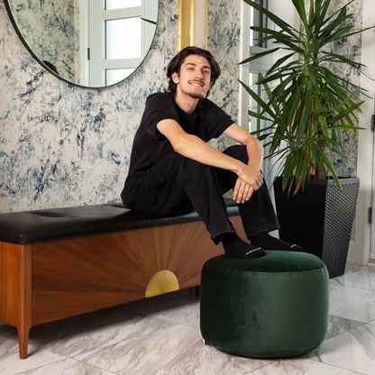 Gouchee Home Belgique Round Velvet Pouf, Foot Stool, Stuffed Ottoman Bean Bag Chair - Forest Green - Stylish, Lightweight, and Comfortable Furniture Accessory for Living Room and Bedroom - 20" x 12"