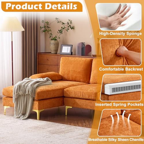 110" Sectional Couches for Living Room,U Shape Couch with Double Chaise, 4-Seat Sofa Set with Chenille Fabric for Home Furniture,Burnt Orange