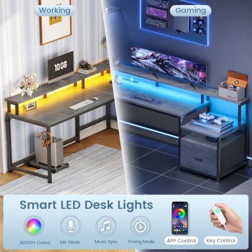 66" Reversible L Shaped Computer Desk with Power Outlet, File Drawer, view 7