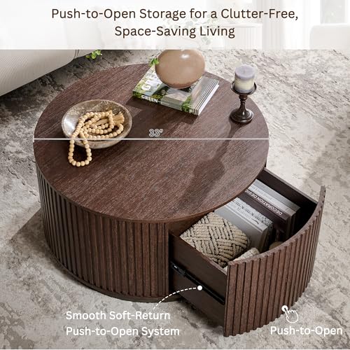 33" Round Coffee Table with Storage, Natural Walnut | Fluted Drum Coffee Table, Hidden Push-to-Open Drawer