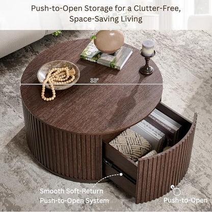 33" Round Coffee Table with Storage, Natural Walnut | Fluted Drum Coffee Table, Hidden Push-to-Open Drawer
