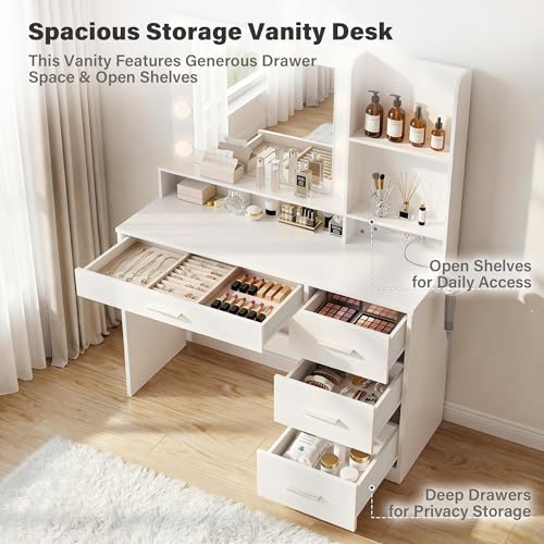 39 Inch Vanity Desk with Mirror and LED Lights, Modern White, view 5
